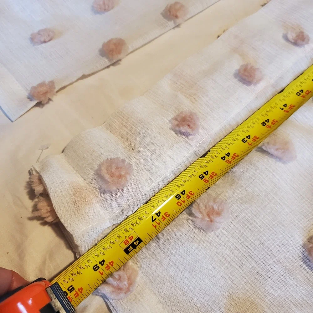 2 Piece Sheer White Valance Set with Blush Pink Tufted Pom Poms Rod Pocket